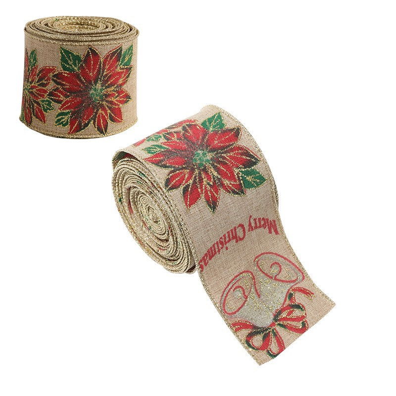 Panglica Decorativa pentru Craciun, Flippy, Ornament pentru Brad de Craciun, Pretreceri, Panglica cu Design Floare Rosie si Merry Christmas, 200 x 6.3 cm, Khaki  [2]