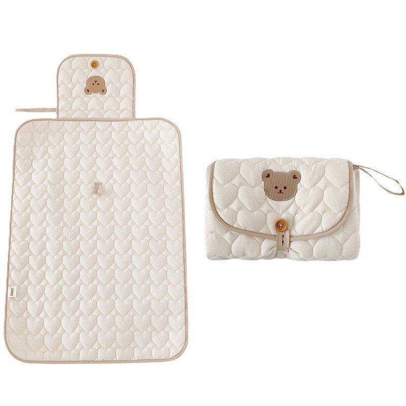 Patura Multifunctionala, Flippy, pentru Schimbat Scutec, Impermeabila, din Bumbac, 50 x 70 cm, Portabila, Model Ursulet, Bej [1]