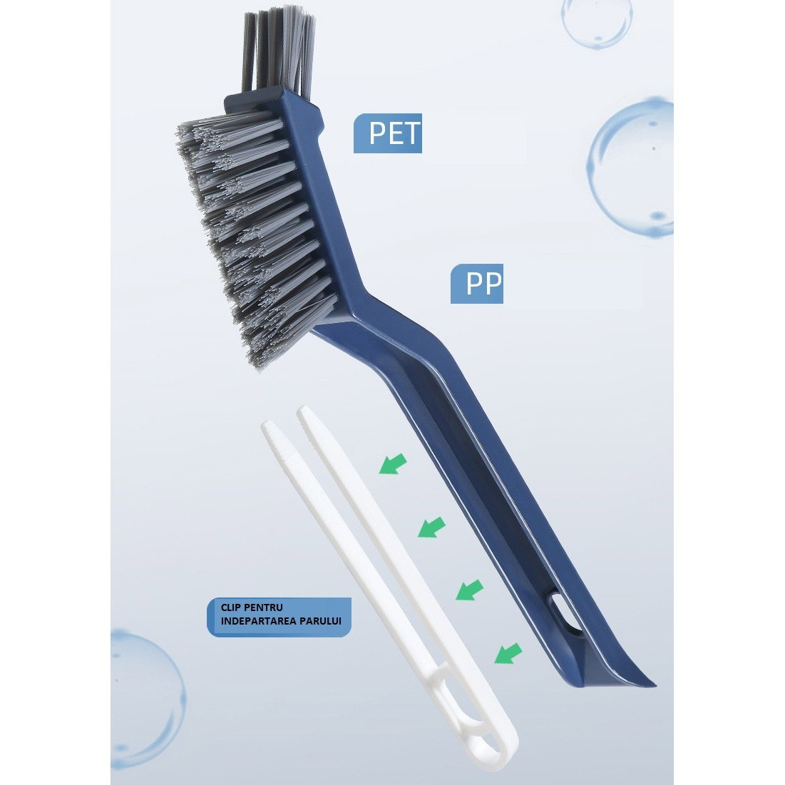 Perie 3in1 de Curatat Podele si Rosturi, Flippy, Lungime Maner 28 cm, Peri din PP, Otel si Plastic, Cleste pentru Scame si Par Inclus, Albastru [3]