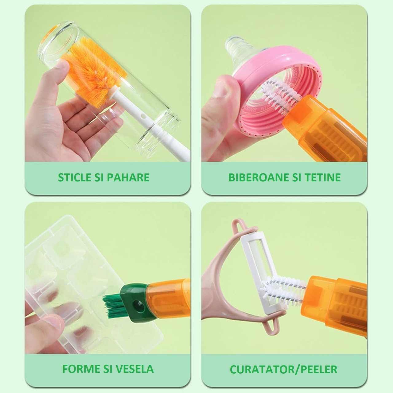 Perie 5 in 1 de Curatat Pahare, Cani, Sticle, Flippy, cu Maner Lung, Accesorii pentru Spalarea Paielor si Capacelor, Usor de Agatat, 36x7x7cm, Portocaliu-Alb [2]