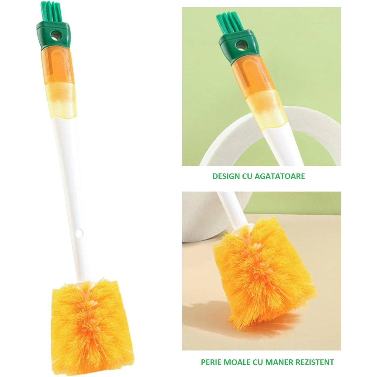 Perie 5 in 1 de Curatat Pahare, Cani, Sticle, Flippy, cu Maner Lung, Accesorii pentru Spalarea Paielor si Capacelor, Usor de Agatat, 36x7x7cm, Portocaliu-Alb [6]