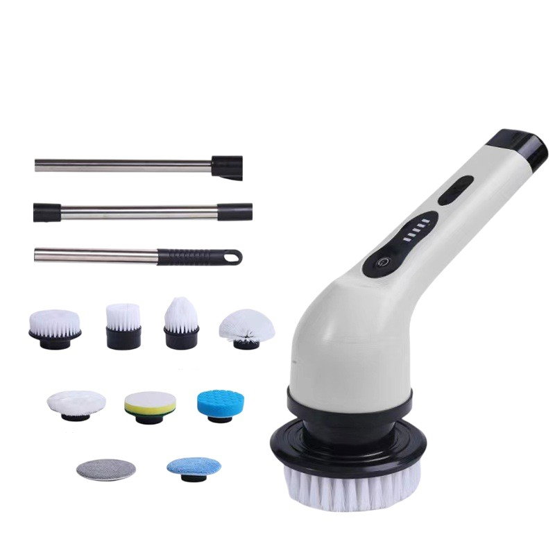 Perie Electrica de Curatare, Flippy, pentru Gresie, Baie, Bucatarie, 25x20x9.5 cm, cu 9 Capete, Maner Extensibil Detasabil 84-127cm, Incarcare USB-Type C, Rotire 360 de Grade, 3000 mAh, Culoare: Alb [2]