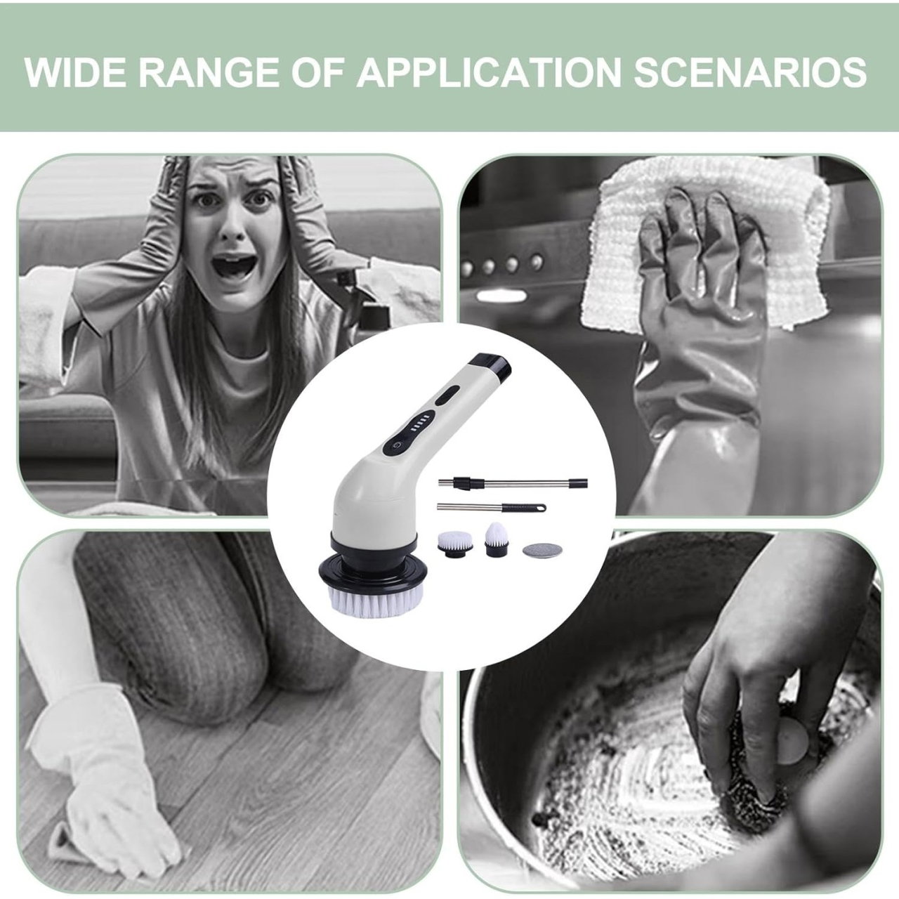 Perie Electrica de Curatare, Flippy, pentru Gresie, Baie, Bucatarie, 25x20x9.5 cm, cu 9 Capete, Maner Extensibil Detasabil 84-127cm, Incarcare USB-Type C, Rotire 360 de Grade, 3000 mAh, Culoare: Alb [8]