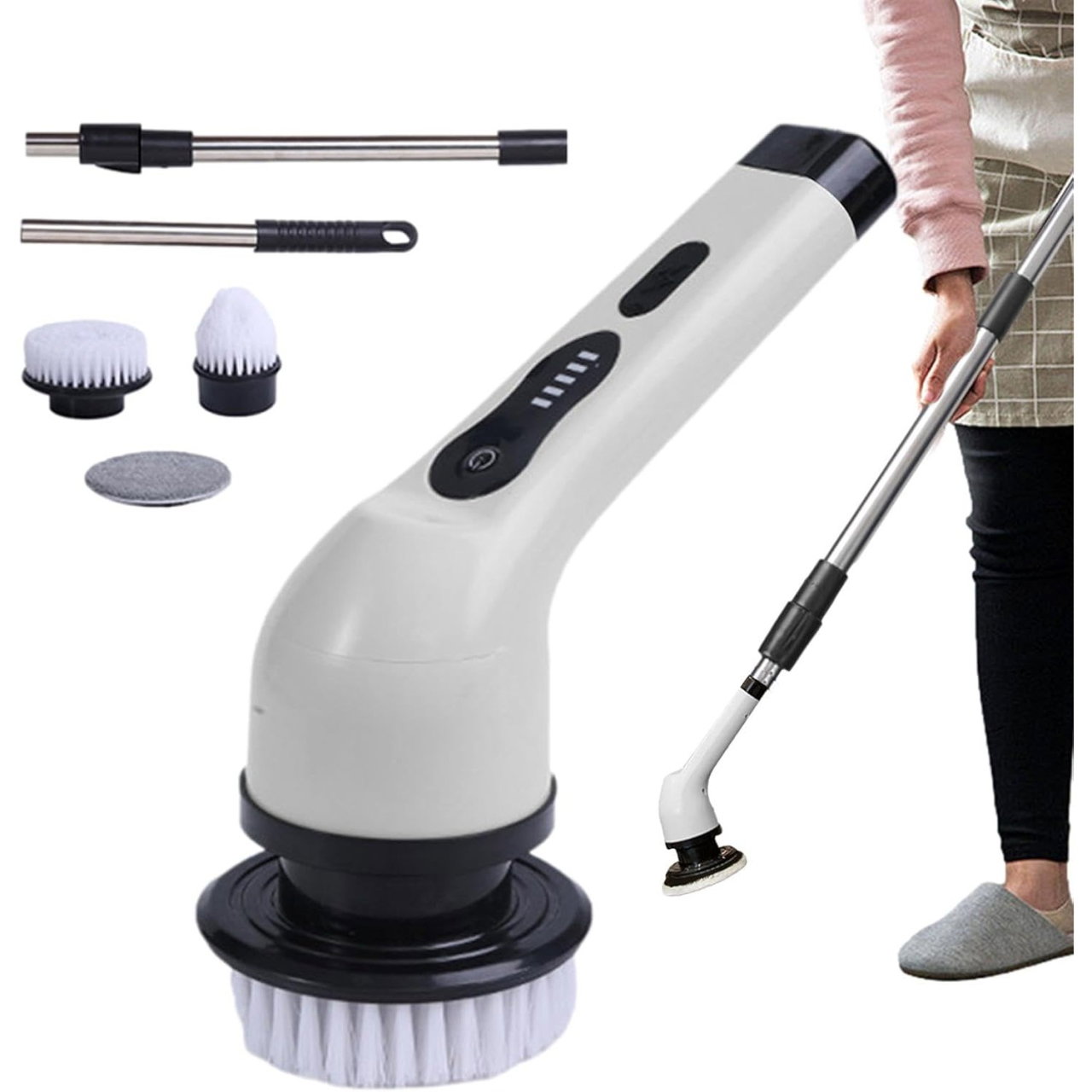 Perie Electrica de Curatare, Flippy, pentru Gresie, Baie, Bucatarie, 25x20x9.5 cm, cu 9 Capete, Maner Extensibil Detasabil 84-127cm, Incarcare USB-Type C, Rotire 360 de Grade, 3000 mAh, Culoare: Alb [4]