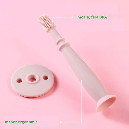 Periuta de Dinti din Silicon pentru Bebelusi, Flippy, fara BPA, 360 Grade, Bariera Anti-Inghitire, Maner Ergonomic, 12.5 x 15 cm, Roz [3]