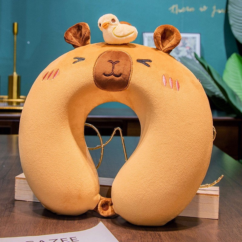 Perna de Calatorie in Forma de U, Flippy, Pentru Gat si Cap, Umplutura din Spuma cu Memorie, 30x30 cm, Model Capybara, Accesoriu de Voiaj, Birou, Masina, Sistem Prindere Capse, Maro [7]
