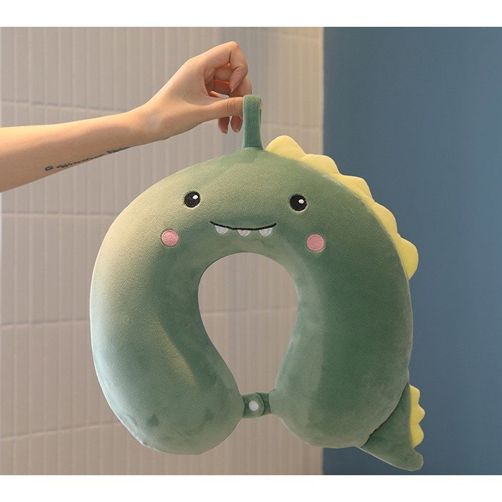 Perna de Calatorie in Forma de U, Flippy, Pentru Gat si Cap, Umplutura din Spuma cu Memorie, 30x30 cm, Model Dinozaur, Accesoriu de Voiaj, Birou, Masina, Sistem Prindere Capse, Verde [5]