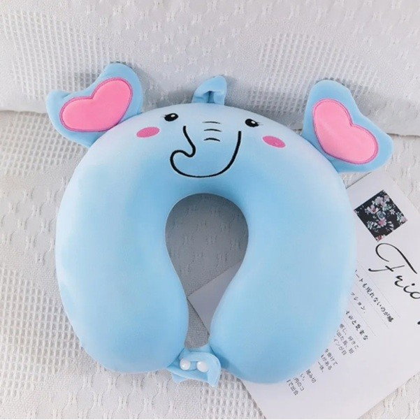Perna de Calatorie in Forma de U, Flippy, Pentru Gat si Cap, Umplutura din Spuma cu Memorie, 30x30 cm, Model Elefant, Accesoriu de Voiaj, Birou, Masina, Sistem Prindere Capse, Albastru [2]