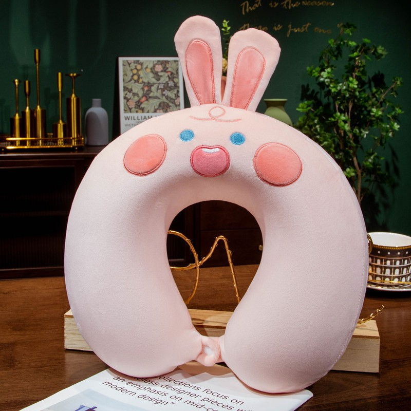 Perna de Calatorie in Forma de U, Flippy, Pentru Gat si Cap, Umplutura din Spuma cu Memorie, 30x30 cm, Model Iepuras, Accesoriu de Voiaj, Birou, Masina, Sistem Prindere Capse, Roz [2]