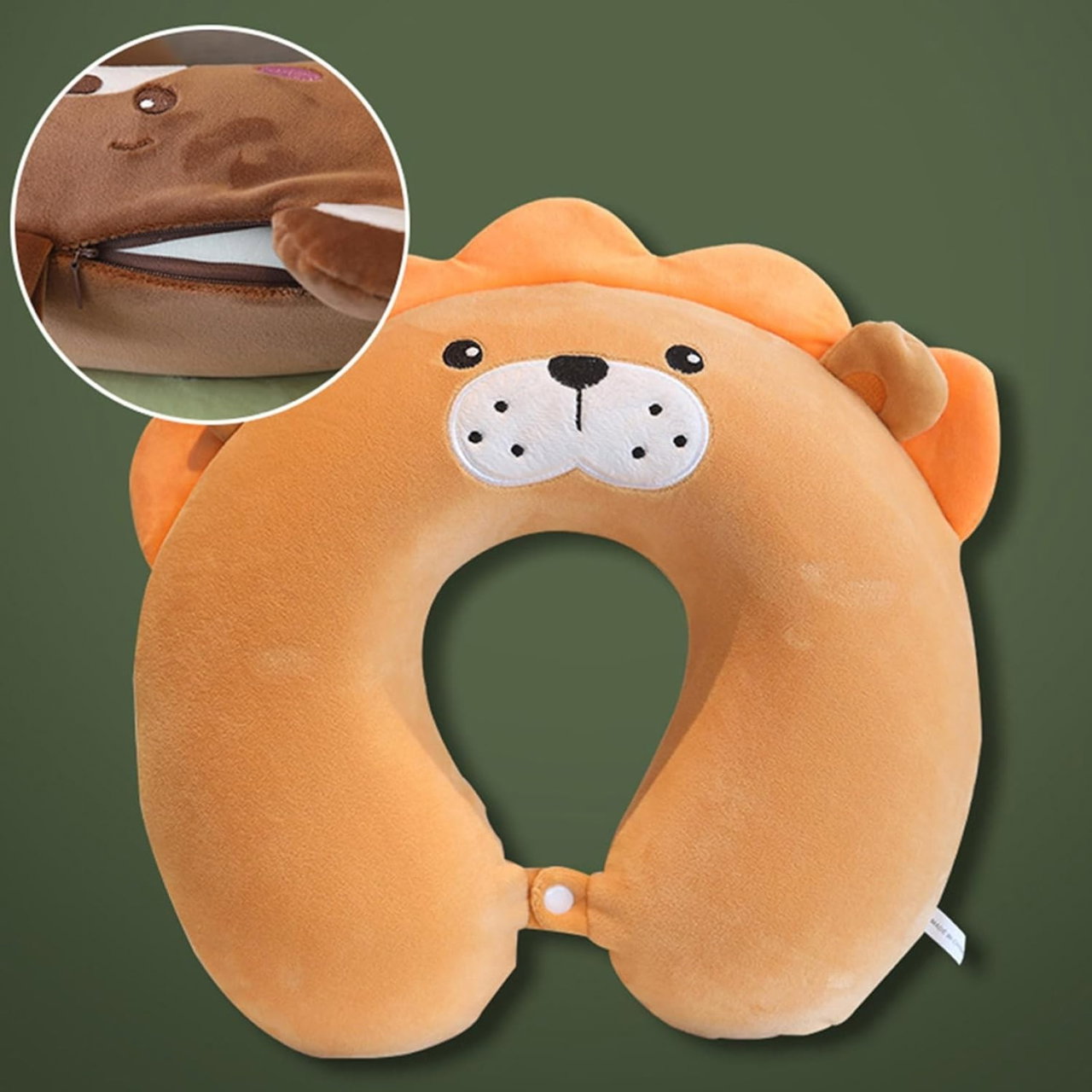 Perna de Calatorie in Forma de U, Flippy, Pentru Gat si Cap, Umplutura din Spuma cu Memorie, 30x30 cm, Model Leu, Accesoriu de Voiaj, Birou, Masina, Sistem Prindere Capse, Maro [2]