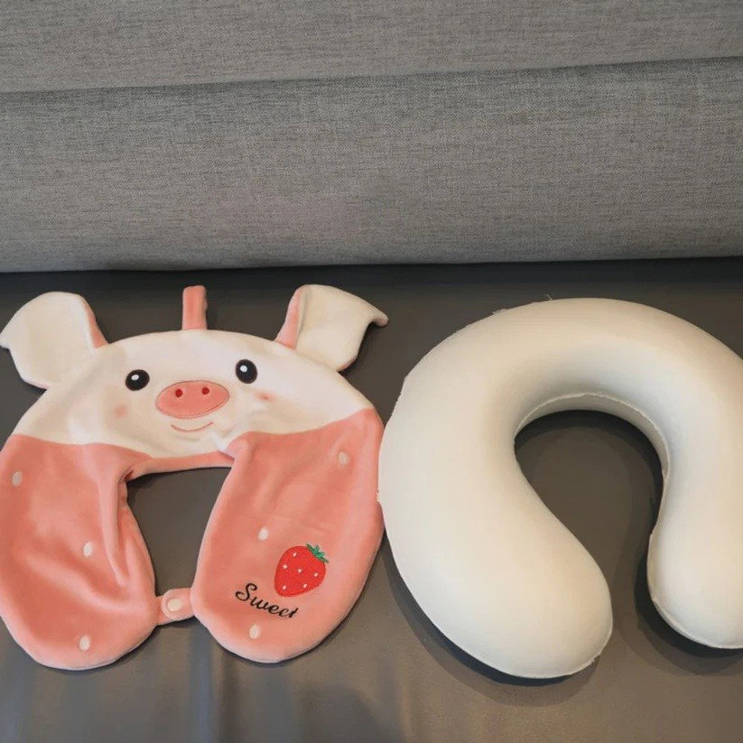 Perna de Calatorie in Forma de U, Flippy, Pentru Gat si Cap, Umplutura din Spuma cu Memorie, 30x30 cm, Model Purcelus, Accesoriu de Voiaj, Birou, Masina, Sistem Prindere Capse, Alb-Roz [6]