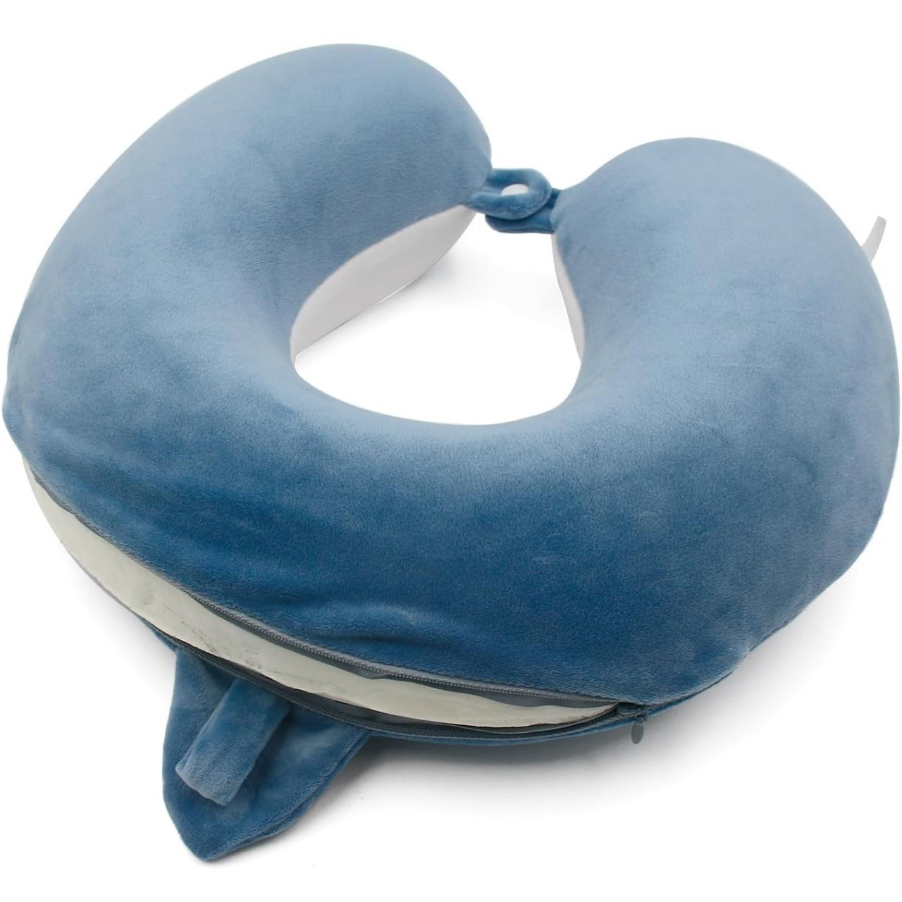 Perna de Calatorie in Forma de U, Flippy, Pentru Gat si Cap, Umplutura din Spuma cu Memorie, 30x30 cm, Model Rechin, Accesoriu de Voiaj, Birou, Masina, Sistem Prindere Capse, Albastru [2]