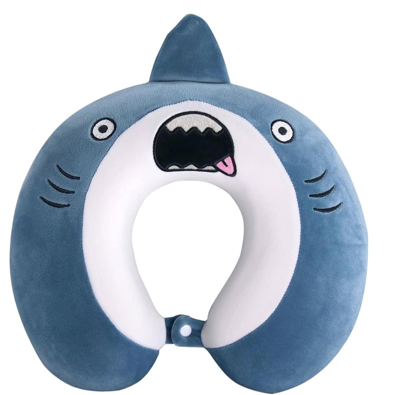 Perna de Calatorie in Forma de U, Flippy, Pentru Gat si Cap, Umplutura din Spuma cu Memorie, 30x30 cm, Model Rechin, Accesoriu de Voiaj, Birou, Masina, Sistem Prindere Capse, Albastru [1]
