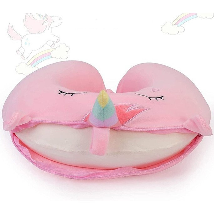 Perna de Calatorie in Forma de U, Flippy, Pentru Gat si Cap, Umplutura din Spuma cu Memorie, 30x30 cm, Model Unicorn, Accesoriu de Voiaj, Birou, Masina, Sistem Prindere Capse, Roz [3]