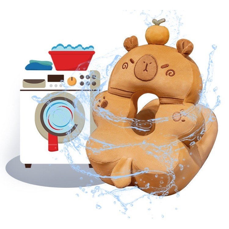 Perna din Spuma, Flippy, pentru Birou, Calatorii, Model Capybara, Lavabila, Umplutura de Bumbac, Spatiu Cap in Forma de 8, 30x35x30 cm, Portocaliu [4]