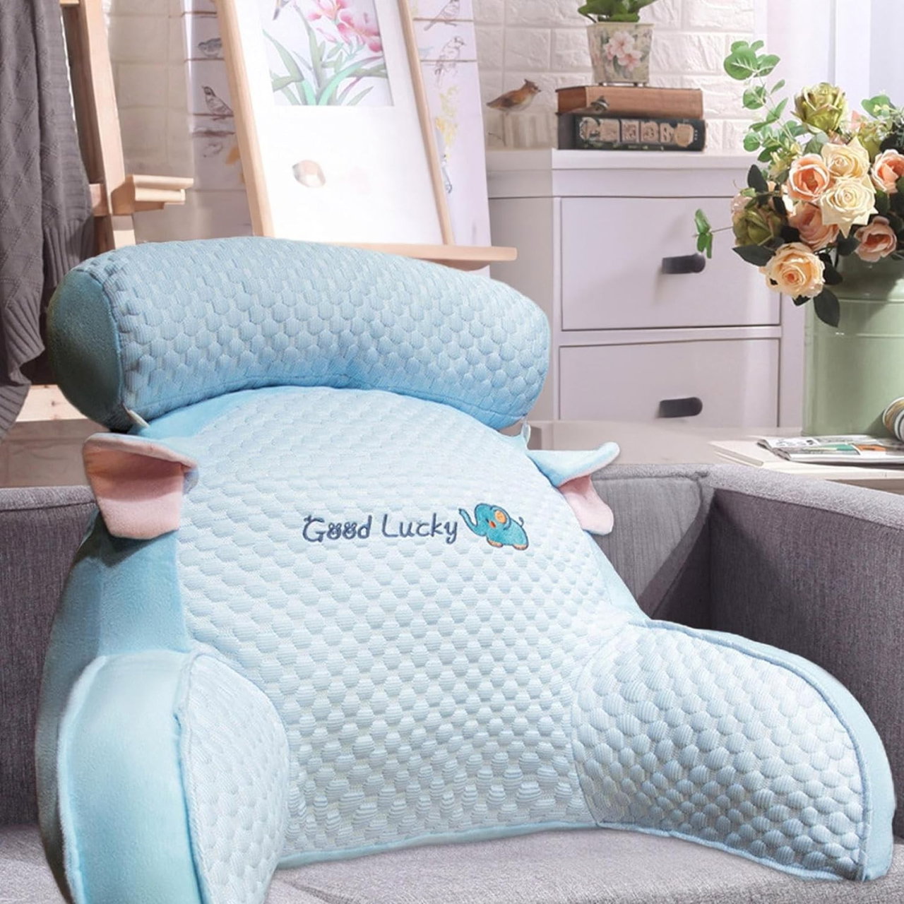 Perna Multifunctionala, Flippy, Spatar pentru Pat, Protectie Lombara, Marime Medie, 60 x 40 cm, din Plus, Model Elefant, Albastru [3]