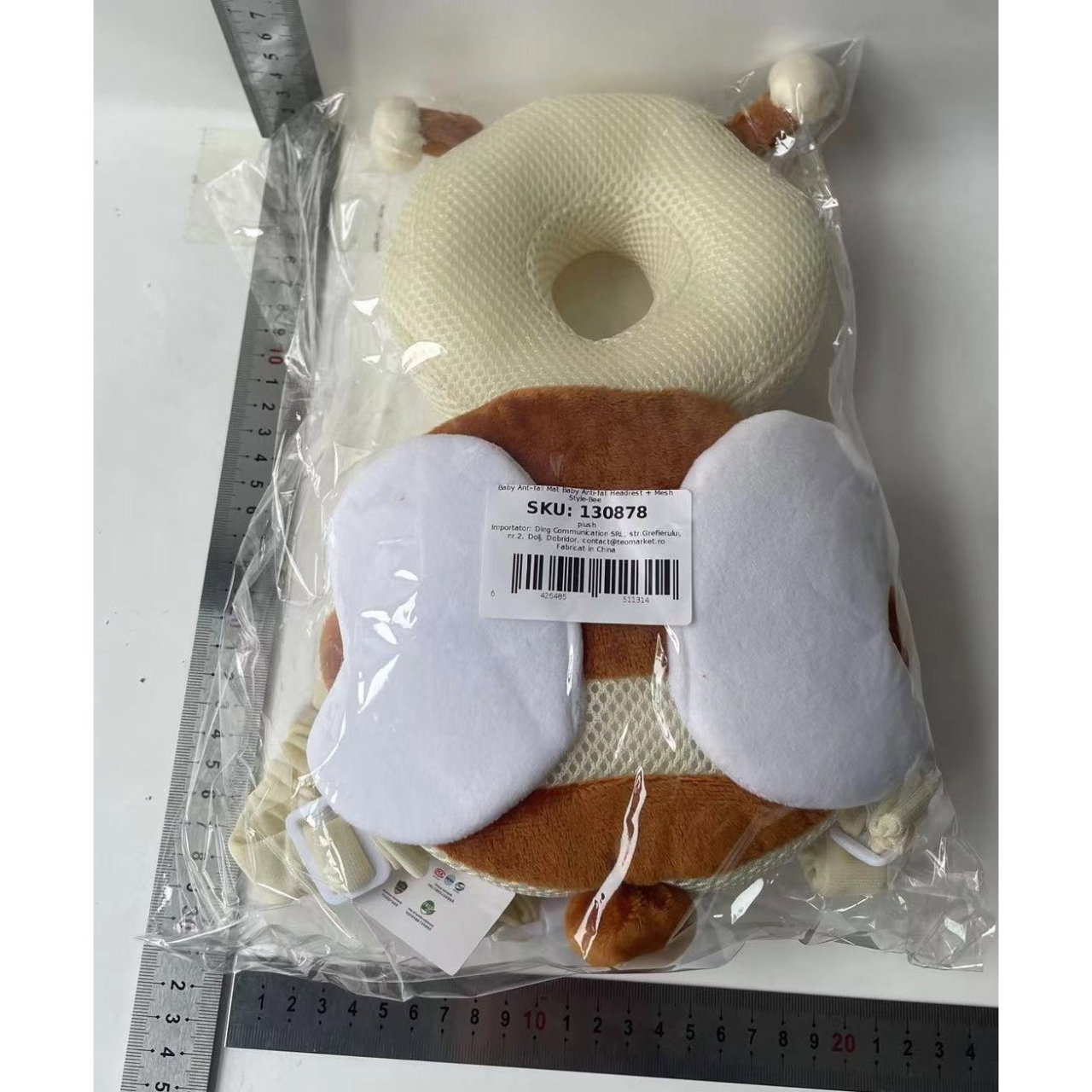 Perna tip Rucsac pentru Protectia Capului, Flippy, Tetiera tip Albina, pentru Bebelusi, Design tip Plasa, 33x6x19 cm, 180 g, Maro/Bej [9]