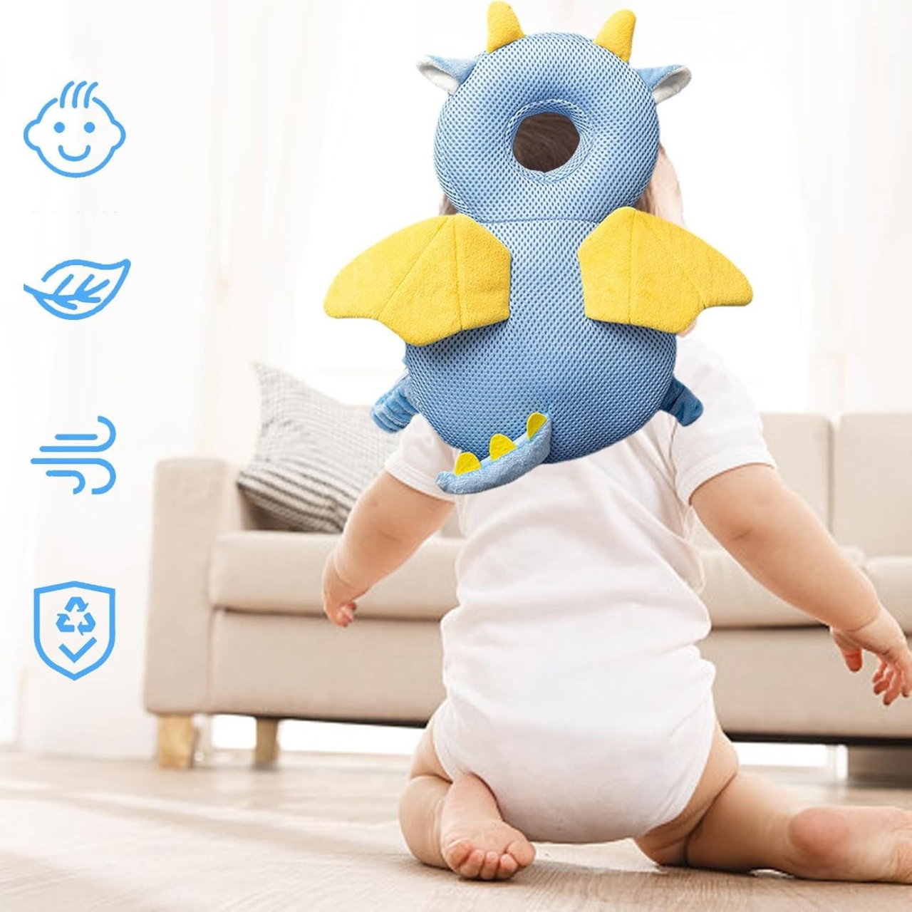 Perna tip Rucsac pentru Protectia Capului, Flippy, Tetiera tip Dragon, pentru Bebelusi, Design tip Plasa, 33x6x19 cm, 180 g, Albastru [2]