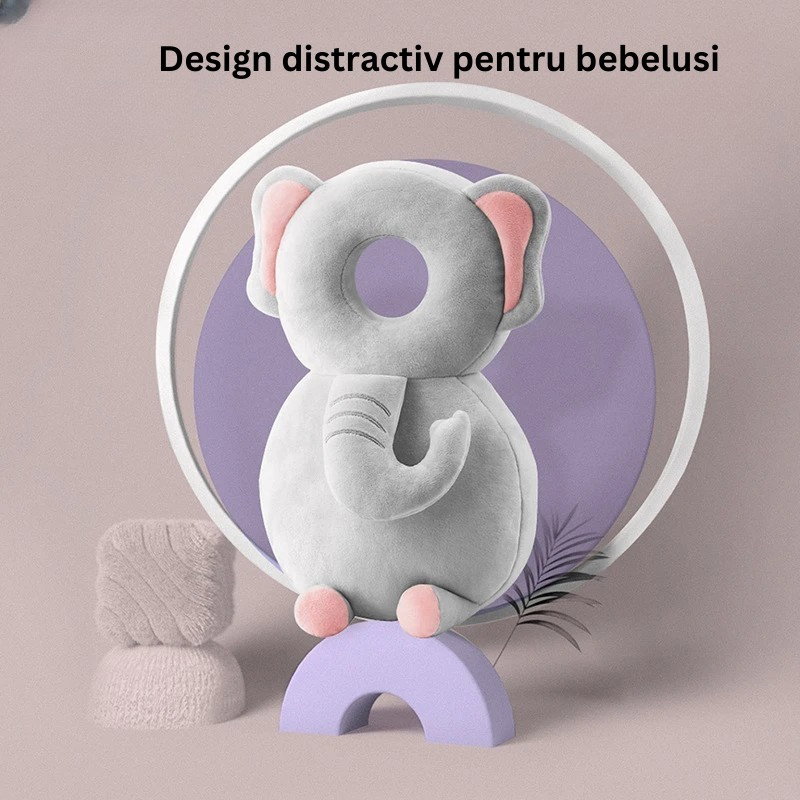 Perna tip Rucsac pentru Protectia Capului, Flippy, Tetiera tip Elefant de Plus, pentru Bebelusi, 33x6x19 cm, 180 g, Gri [2]