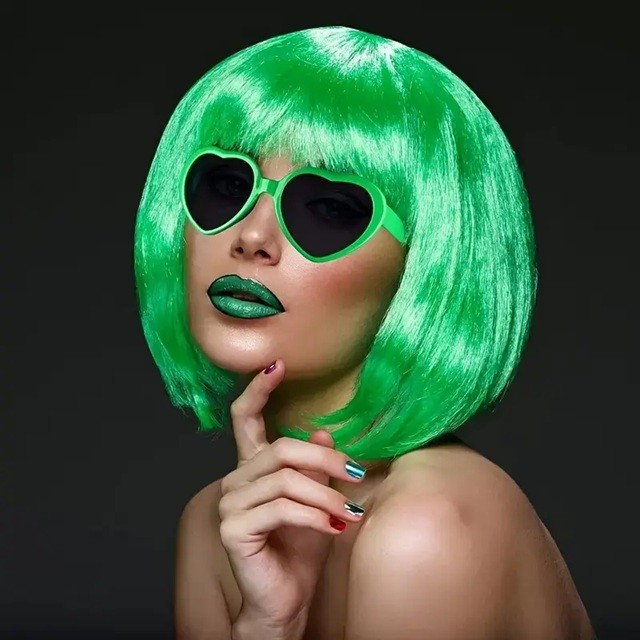 Peruca Cosplay, Flippy, Tunsoare Bob cu Breton, pentru Carnaval, Halloween, Petreceri Tematice, din PET, Marime Universala, Verde [2]