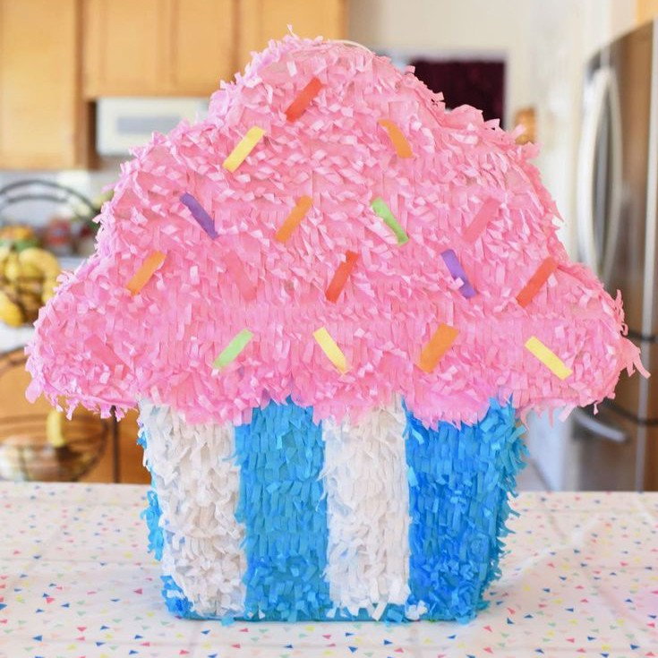 Pinata Briosa CupCake pentru Petrecere, Flippy, din Hartie Creponata si Carton, Pinata pentru Petreceri, 45 x 35 x 10 cm, Roz [2]