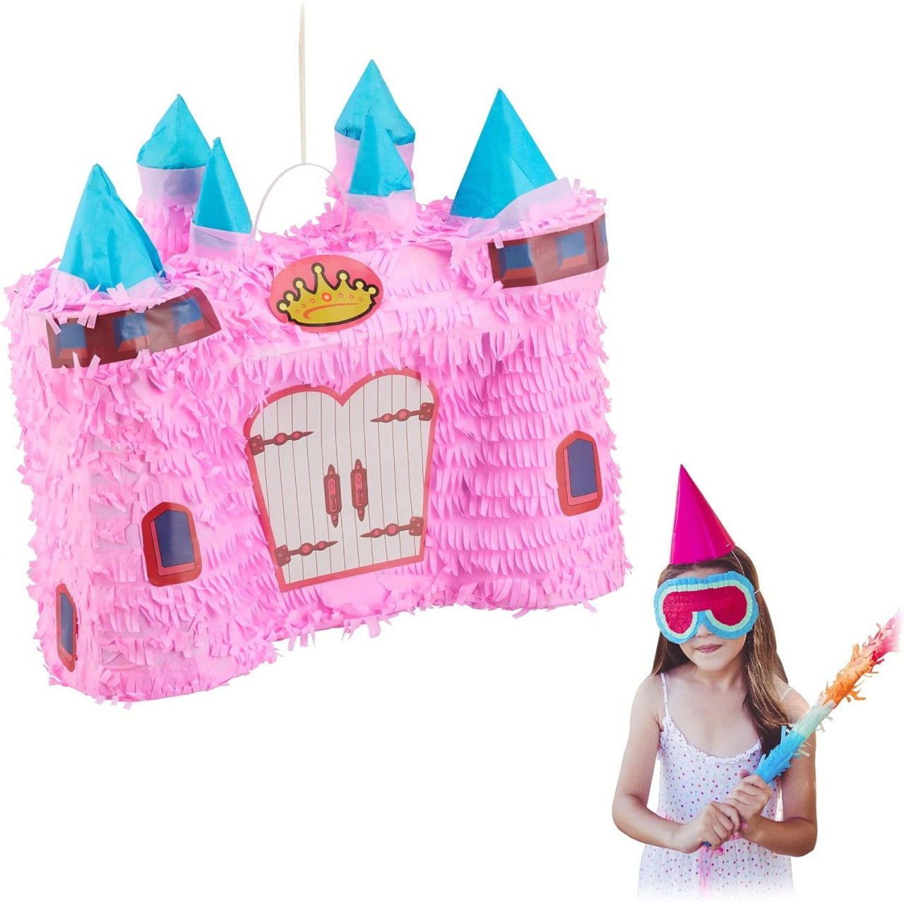 Pinata Castel Printesa pentru Petrecere, Flippy, din Hartie Creponata si Carton, Pinata pentru Petreceri, 40 x 37 x 15 cm, Roz deschis [2]