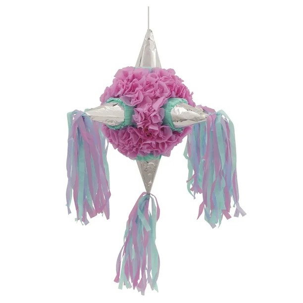 Pinata Rotunda pentru Petrecere, Flippy, Detalii Argintii, din Hartie si Carton, Pinata pentru Copii, 76 x 50 x 50 cm, Roz [1]