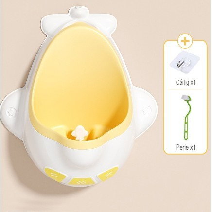 Pisoar pentru Baieti, Flippy, 0-8 Ani, in Forma de Avion, Perie Inclusa, Montare pe Perete, Carlig Autoadeziv Inclus, 29 x 33.5 cm, Alb/Galben [6]