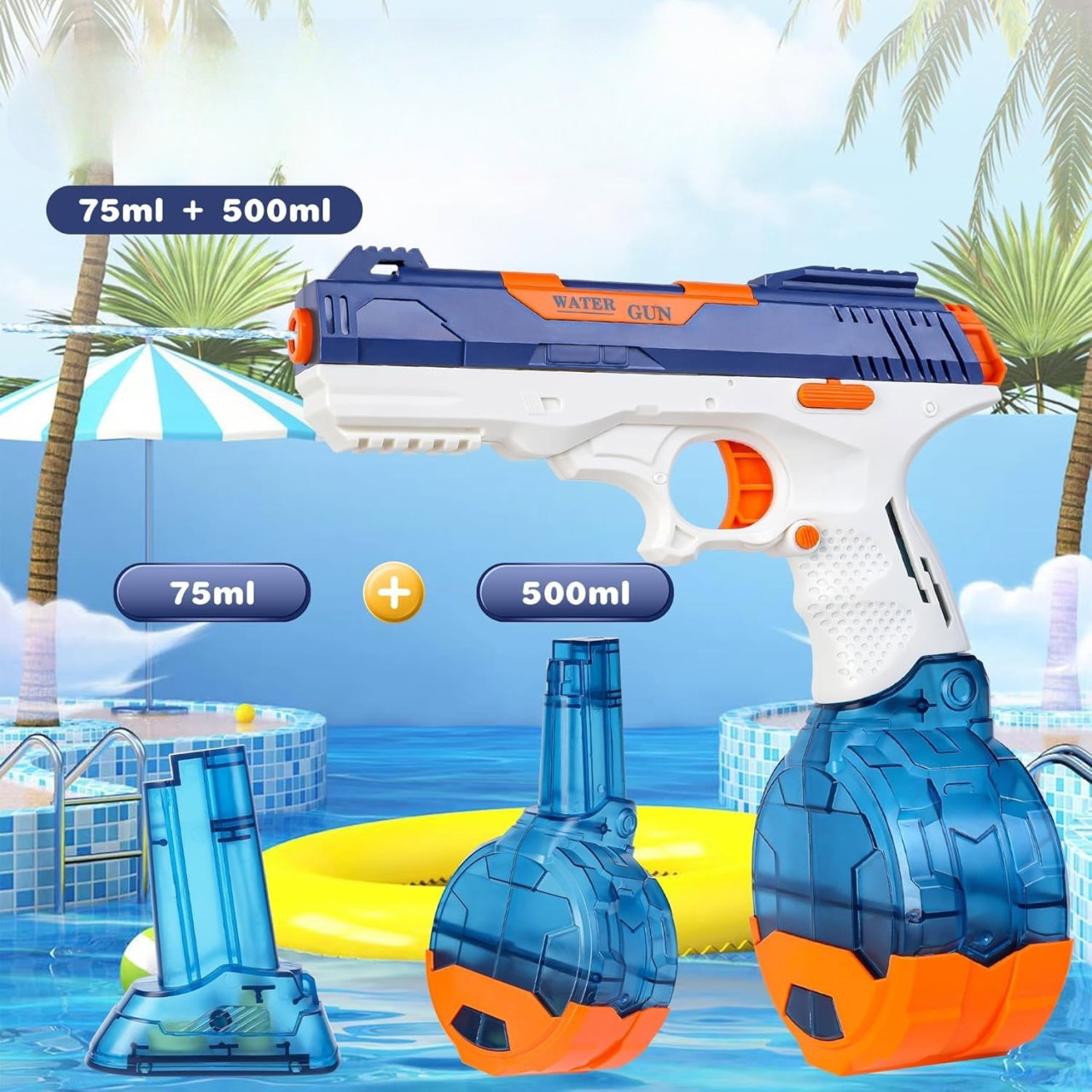 Pistol cu Apa Electric, Flippy, 2 Rezervoare 75/350 ml, din ABS+Silicon, Baterie, Incarcare USB, Conectare la Furtun, +6 Ani, Albastru [5]