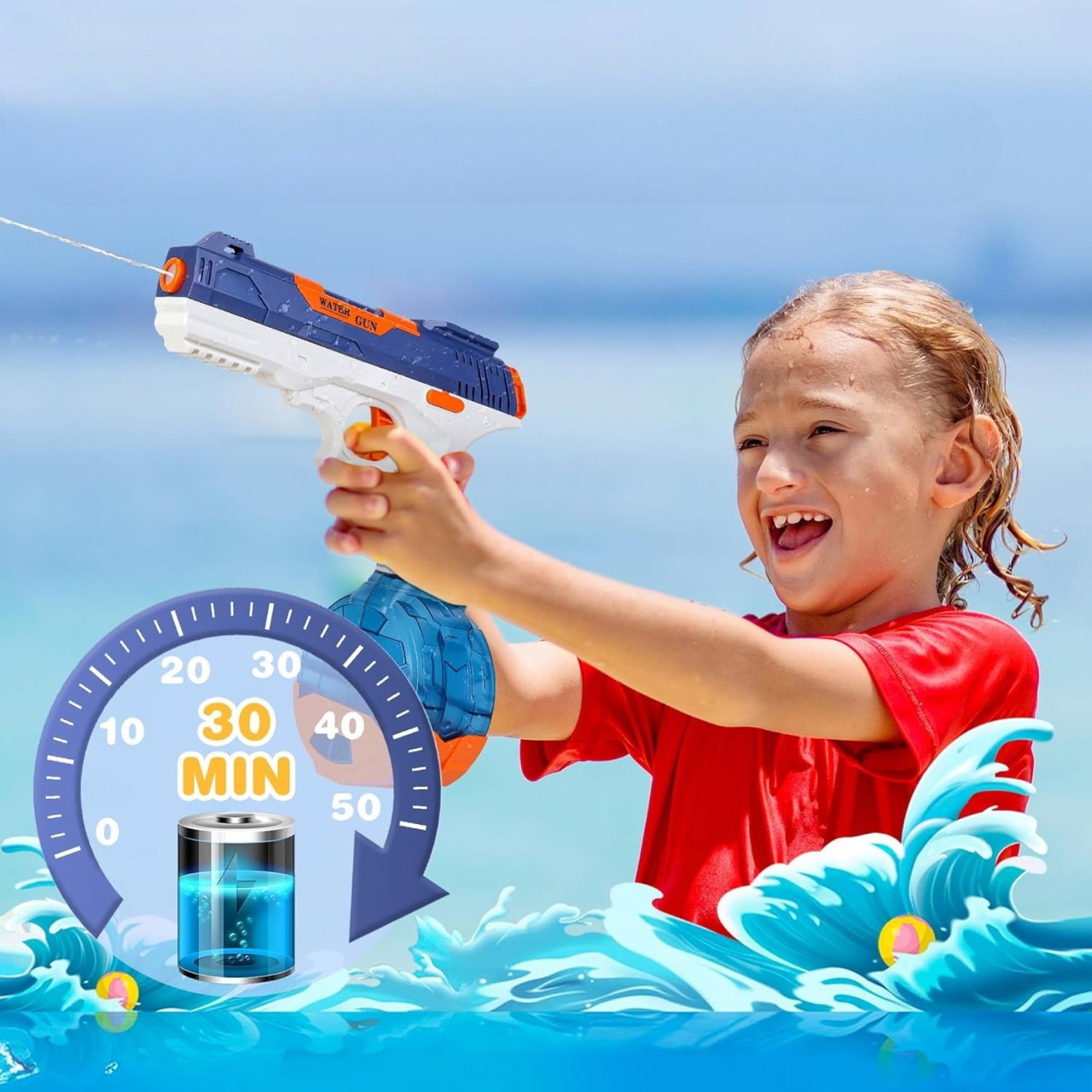 Pistol cu Apa Electric, Flippy, 2 Rezervoare 75/350 ml, din ABS+Silicon, Baterie, Incarcare USB, Conectare la Furtun, +6 Ani, Albastru [4]