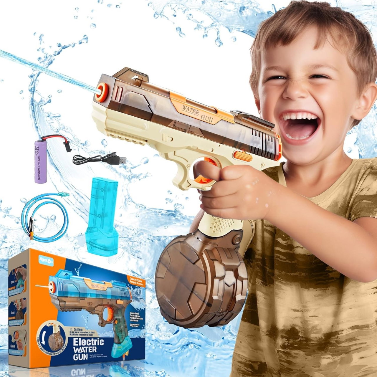 Pistol cu Apa Electric, Flippy, 2 Rezervoare 75/350 ml, din ABS+Silicon, Baterie, Incarcare USB, Conectare la Furtun, +6 Ani, Maro [6]