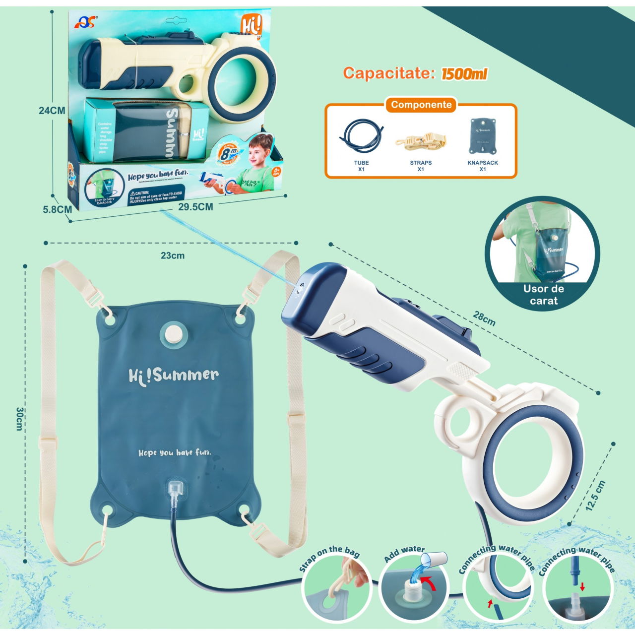 Pistol cu apa pentru copii Flippy, rezervor tip ghiozdan, 1500 ml, reglabil, material ABS/silicon, distanta improscare 8 metri, tragaci cu presiune, 12.5 x 28 cm, albastru [5]