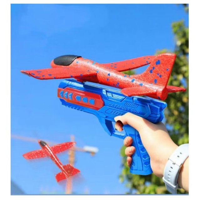 Pistol cu Lansator de Avion, Flippy, din Polistiren+Plastic, +3 Ani, Avion 24 cm, Lansare 10 m, cu Lumini, Albastru/Rosu [3]