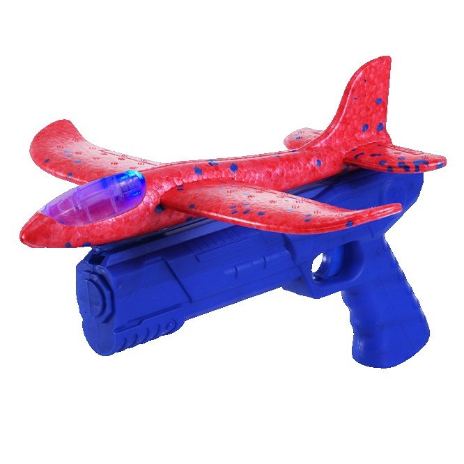 Pistol cu Lansator de Avion, Flippy, din Polistiren+Plastic, +3 Ani, Avion 24 cm, Lansare 10 m, cu Lumini, Albastru/Rosu [1]