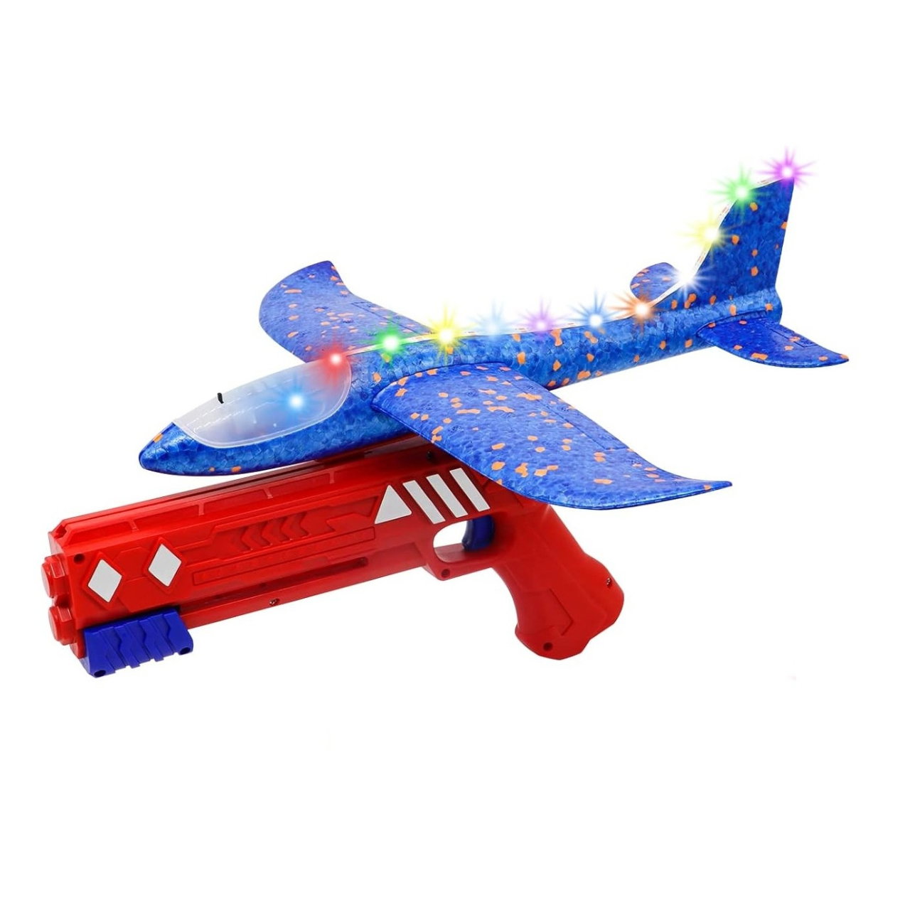 Pistol cu Lansator de Avion, Flippy, din Polistiren+Plastic, +3 Ani, Avion 38 cm, Lansare 10 m, cu Lumini si Roti, Rosu/Albastru [1]