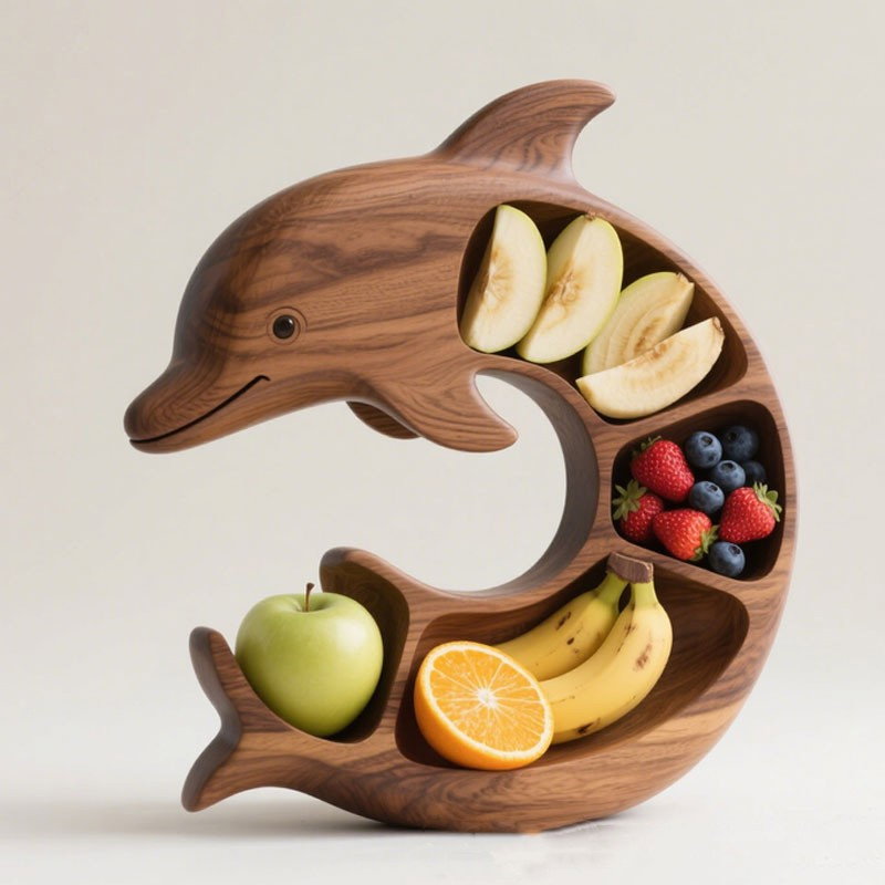 Platou pentru Servire, Flippy, in Forma de Delfin, 4 Compartimente pentru Mezeluri, Branzeturi, Snacksuri, Fructe, Design Artistic, din Lemn Masiv, 26 x 25 x 4 cm, Maro Natur [2]