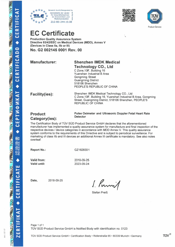 Pulsoximetru pentru deget, Certificat Medical [15]