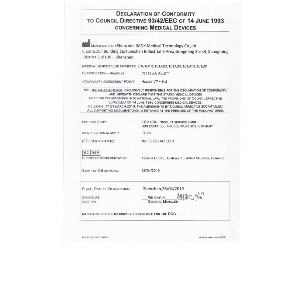 Pulsoximetru pentru deget, Certificat Medical [14]