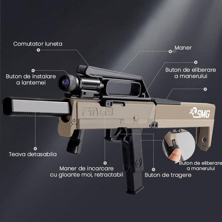 Pusca Mitraliera de Jucarie Pliabila, Flippy, cu 10 Gloante Moi Reutilizabile de Gel incluse, Varsta 14+, 69 x 35 x 5 cm, Maro deschis [2]