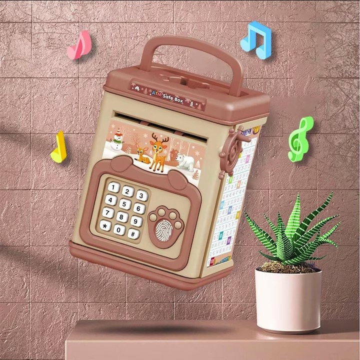 Pusculita pentru Copii, Flippy, pusculita pentru economii SMART BOX cu efecte sonore, Tip ATM, cu Parola cu Amprenta, din plastic, 20 x 13.5 x 11.5 cm Roz [3]