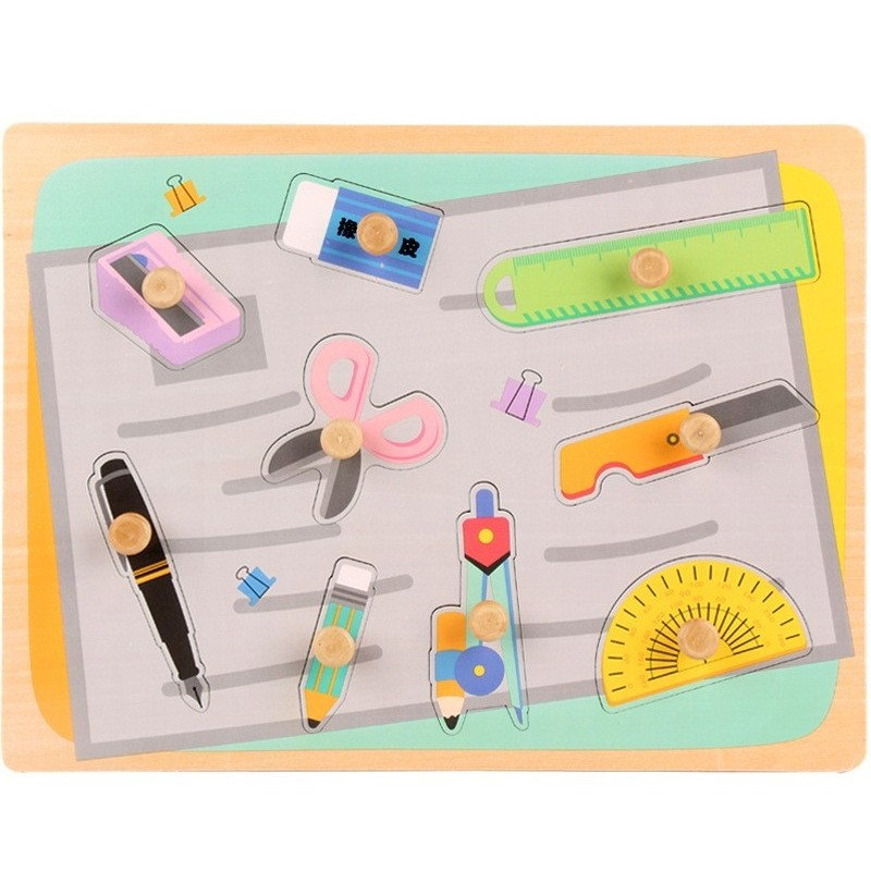 Puzzle Montessori din Lemn pentru Copii, Flippy, 0-3 Ani, 3D, Model Instrumente Matematice, Educativ, Intuitiv, Creativ, 9 Piese, 30x22.5x0.8 cm, Multicolor [1]