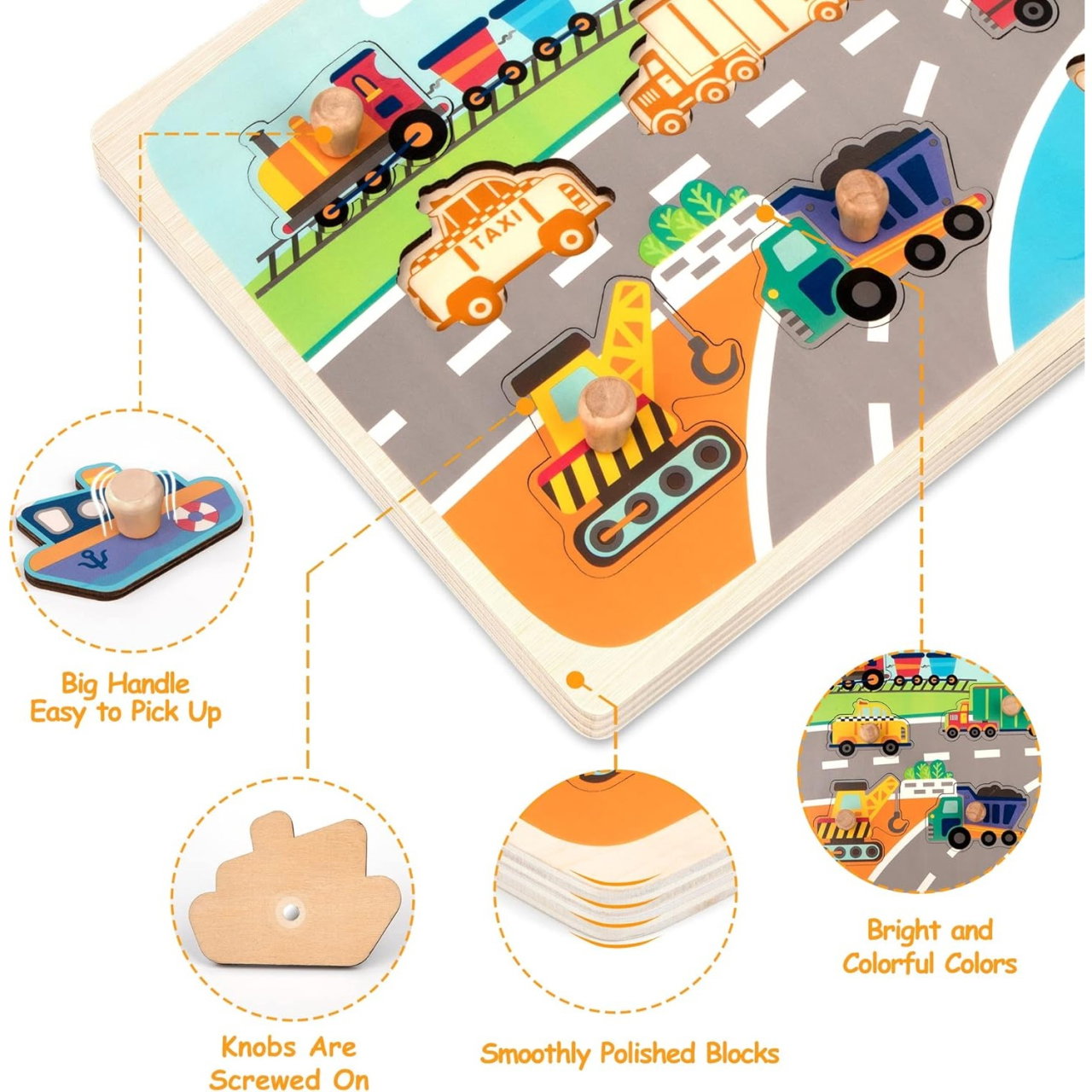 Puzzle Montessori din Lemn pentru Copii, Flippy, 0-3 Ani, 3D, Model Transporturi, Educativ, Intuitiv, Creativ, 9 Piese, 30x22.5x0.8 cm, Multicolor [6]