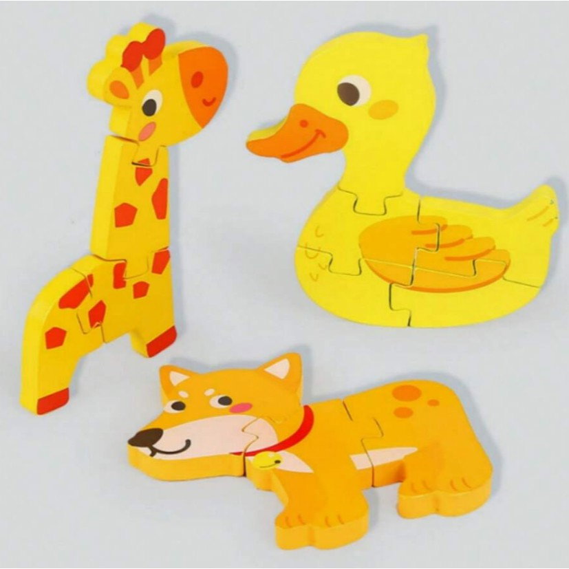 Puzzle Montessori din Lemn pentru Copii, Flippy, 3D, 0-3 Ani, Model Catel, Educativ, Intuitiv, Creativ, 3 Piese, 15x15x0.5 cm, Multicolor [10]