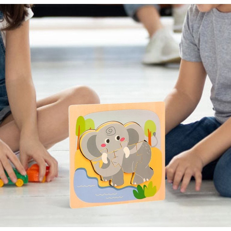 Puzzle Montessori din Lemn pentru Copii, Flippy, 3D, 0-3 Ani, Model Elefant, Educativ, Intuitiv, Creativ, 4 Piese, 15x15x0.5 cm, Multicolor [6]