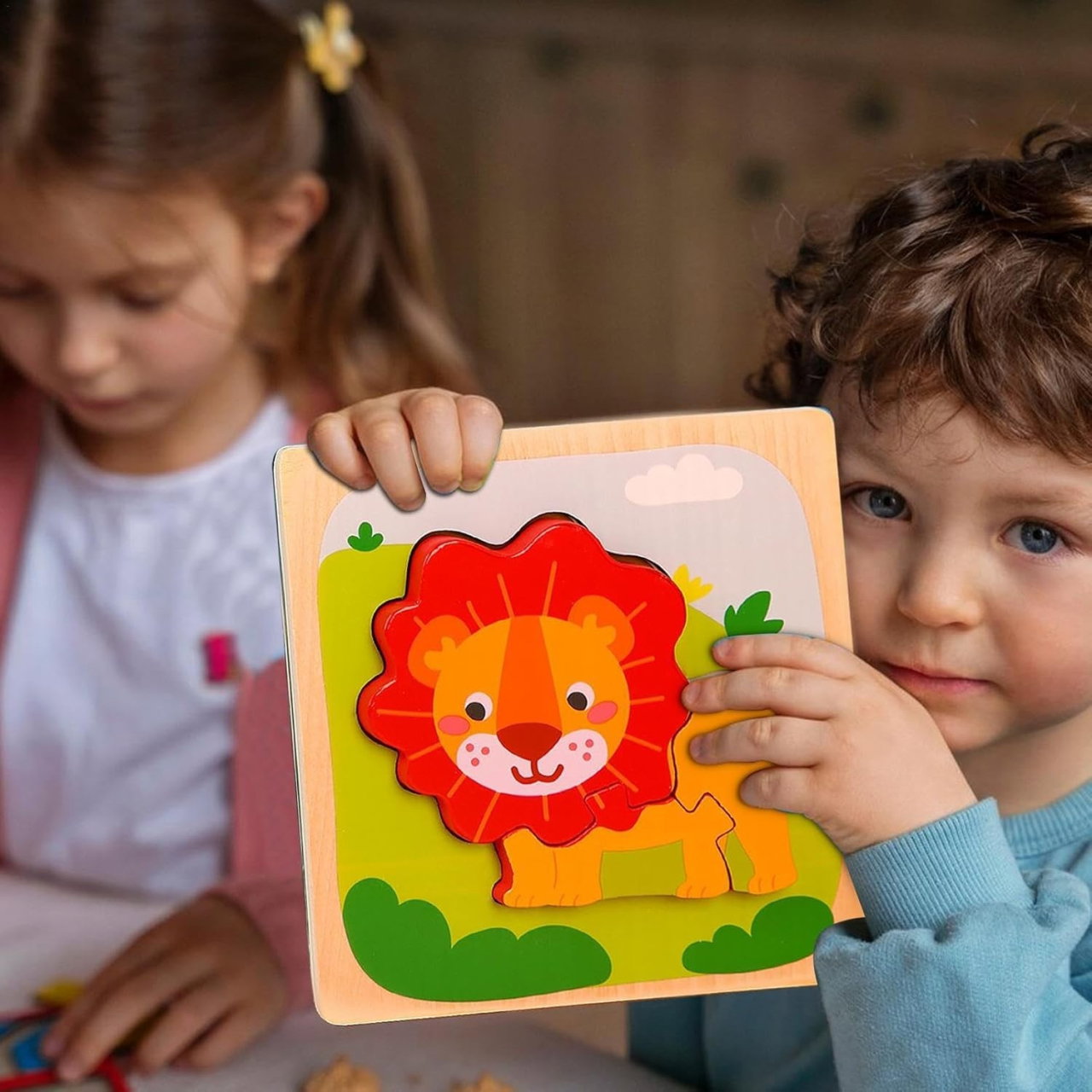 Puzzle Montessori din Lemn pentru Copii, Flippy, 3D, 0-3 Ani, Model Leu, Educativ, Intuitiv, Creativ, 3 Piese, 15x15x0.5 cm, Multicolor [9]