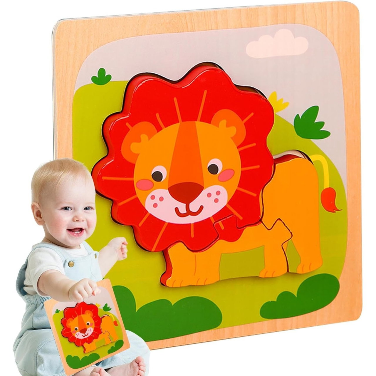 Puzzle Montessori din Lemn pentru Copii, Flippy, 3D, 0-3 Ani, Model Leu, Educativ, Intuitiv, Creativ, 3 Piese, 15x15x0.5 cm, Multicolor [5]