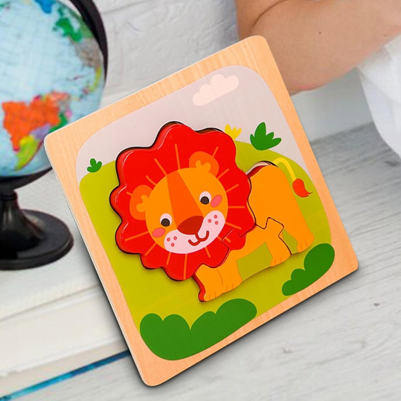 Puzzle Montessori din Lemn pentru Copii, Flippy, 3D, 0-3 Ani, Model Leu, Educativ, Intuitiv, Creativ, 3 Piese, 15x15x0.5 cm, Multicolor [4]