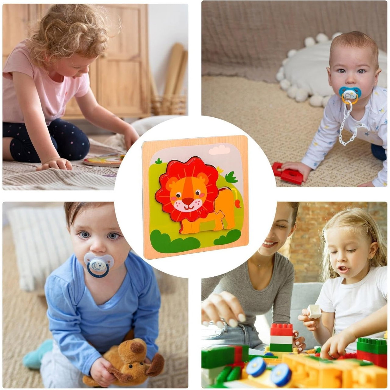 Puzzle Montessori din Lemn pentru Copii, Flippy, 3D, 0-3 Ani, Model Leu, Educativ, Intuitiv, Creativ, 3 Piese, 15x15x0.5 cm, Multicolor [7]