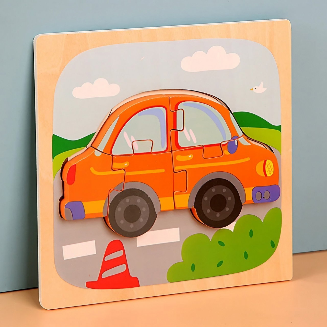 Puzzle Montessori din Lemn pentru Copii, Flippy, 3D, 0-3 Ani, Model Masina, Educativ, Intuitiv, Creativ, 5 Piese, 15x15x0.5 cm, Multicolor [5]