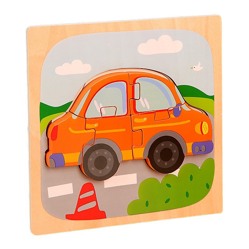 Puzzle Montessori din Lemn pentru Copii, Flippy, 3D, 0-3 Ani, Model Masina, Educativ, Intuitiv, Creativ, 5 Piese, 15x15x0.5 cm, Multicolor [1]